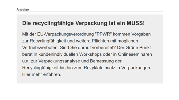 Im Zuge der neuen EU-Verpackungsverordnungen nutzt der Grüne Punkt die Textanzeigen, um eigene Workshops und Onlineseminare zum Thema Verpackungsanalyse und Recycling zu bewerben.